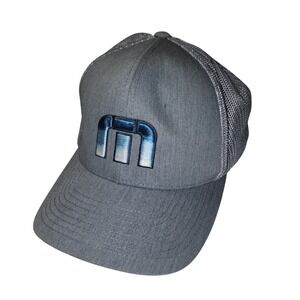 TRAVIS MATHEW Grey Mesh Trucker Hat Blue Embroidered‎ M Logo Snapback